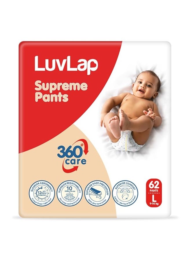 LuvLap Supreme Diaper Pants Large (LG) 9 to 14Kg, 62Pcs, 360° skin care with 10 million breathable pores, Aloe Vera for superior Rash prevention, upto 12hr protection, 5 layer super light core